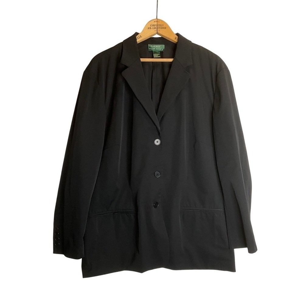 Lauren Ralph‎ Lauren Stretch Crepe Button Up Long Blazer Pockets Classic Office